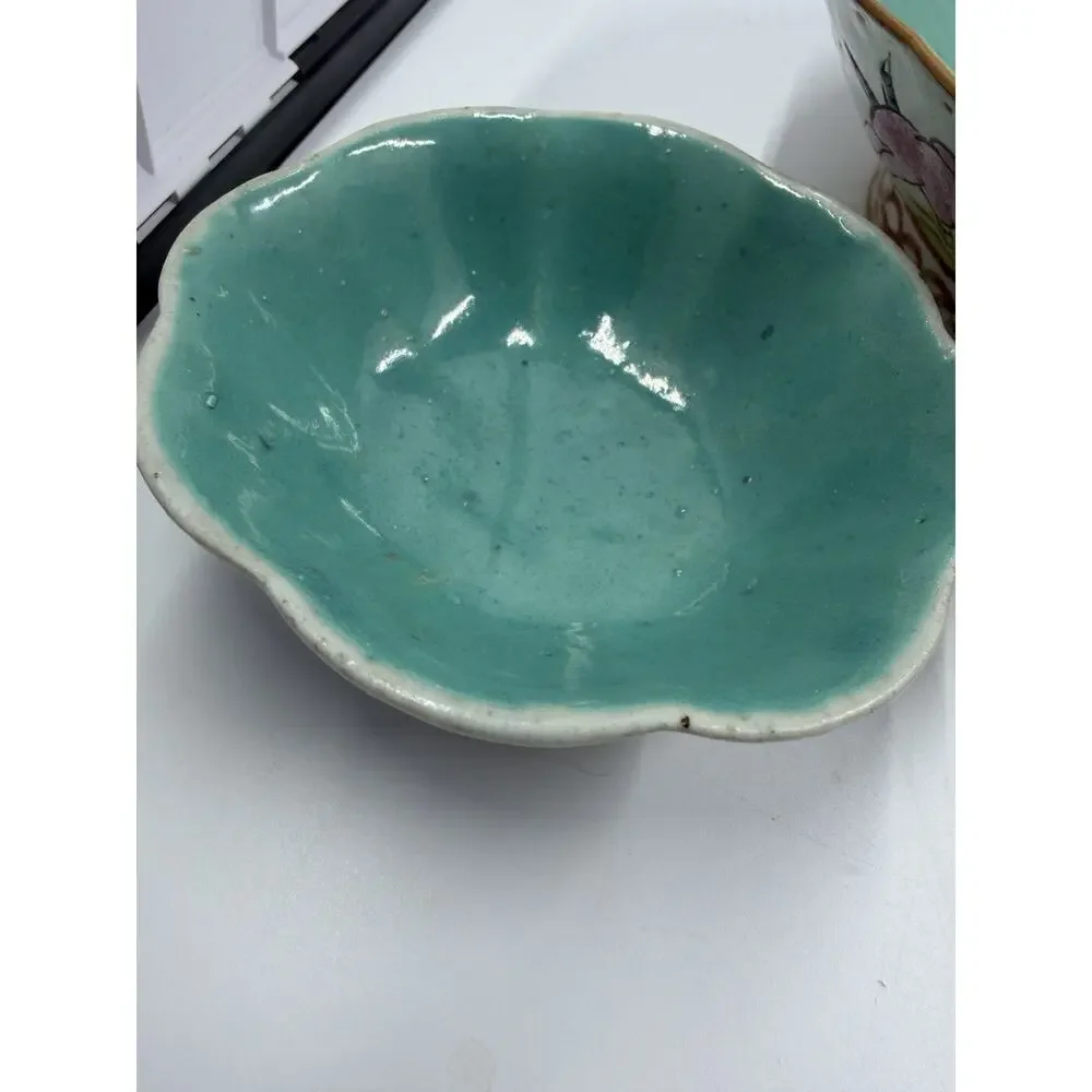 3 Antique Chinese Famille Rose Porcelain Bowl & Scalloped Dishes Set Turquoise